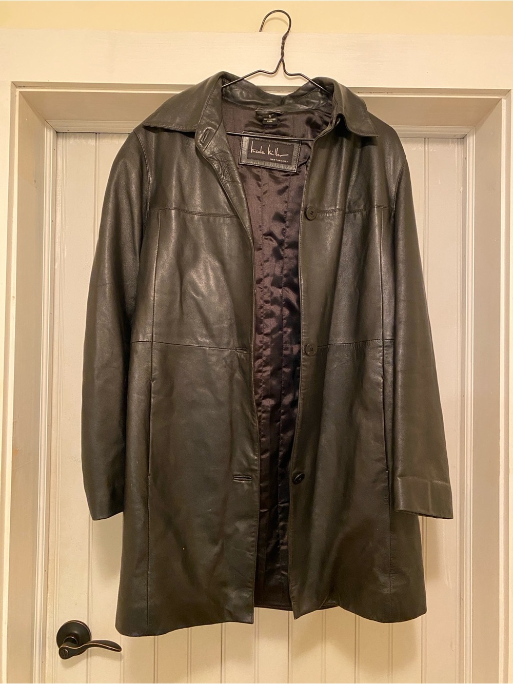 Black Leather Women's Coat - Classic Collared Button-Front Trench Coat or Jacket